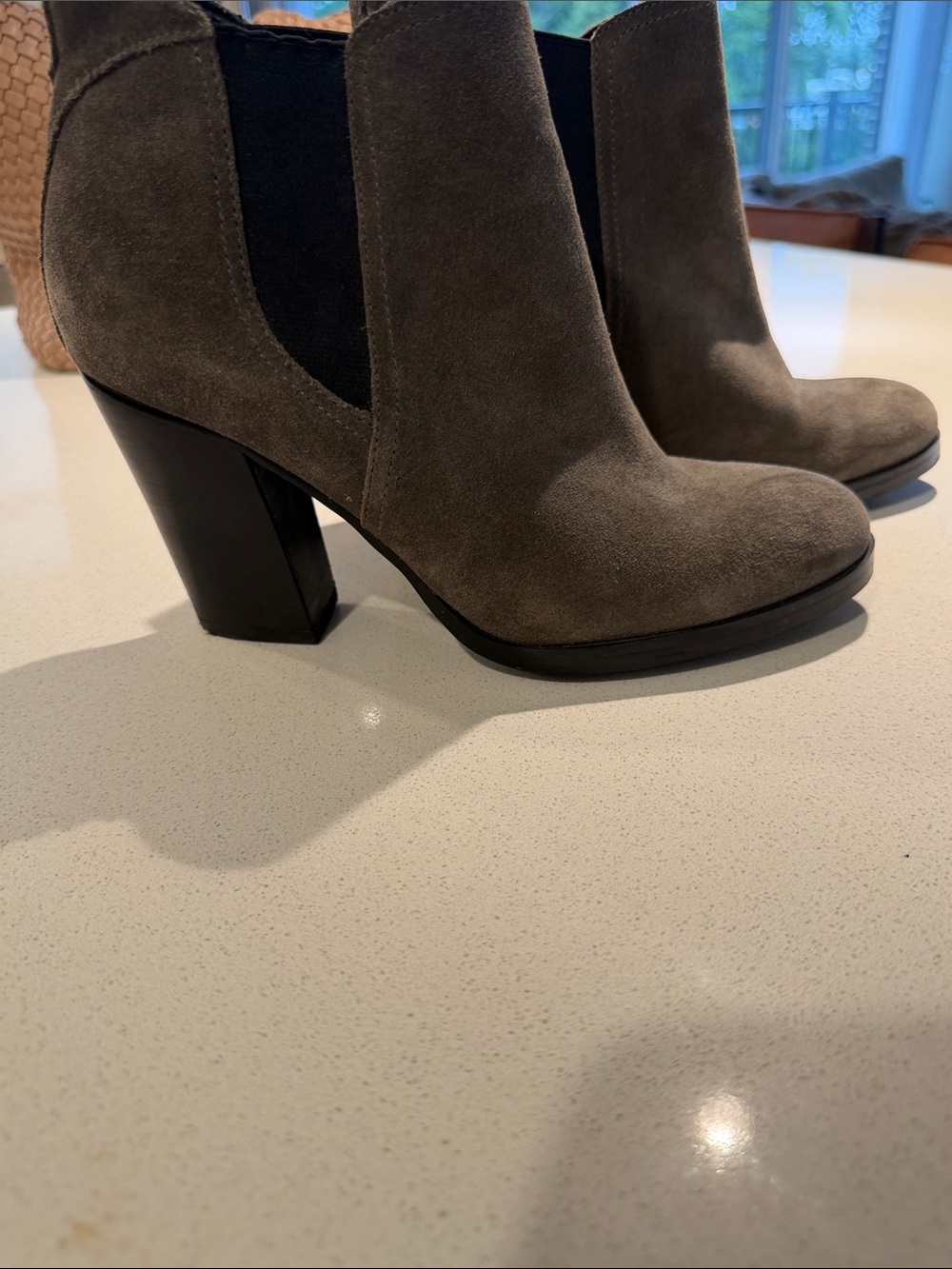 Marc Fisher Taupe Suede Block Heel Chelsea Booties